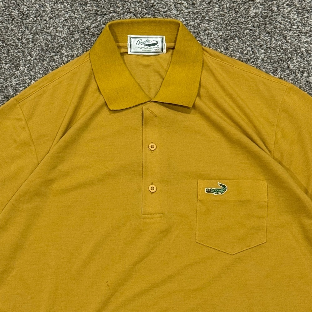 Vintage 80s Crocodile Designer Mustard Yellow Polo Shirt Mens L Single Stitch